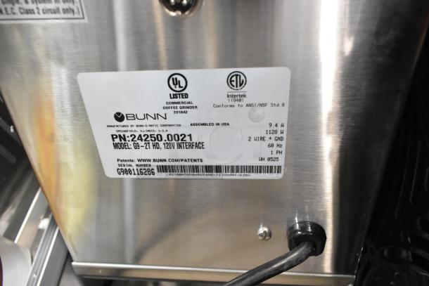 Alt text: Bunn G9-2T HD coffee grinder label, showing model G9-2T HD, part number 24250.0021, 120V, 1128W, UL listed.