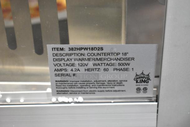 Carnival King 18" warmer/merchandiser model 382HPW18D2S; 120V, 500W. Brand new, doors do not latch.