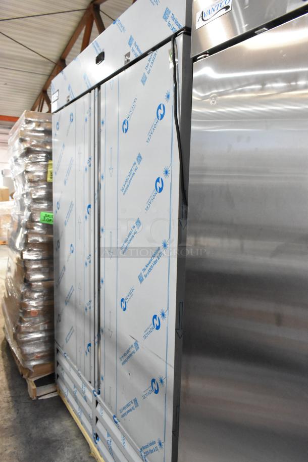 BRAND NEW SCRATCH AND DENT Avantco 447AP49R stainless steel 2-door reach-in cooler, 115V, 1 phase. Protective wrap visible.