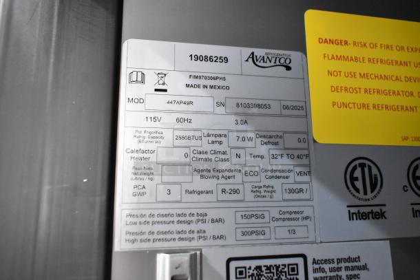 Brand new Avantco 447AP49R stainless steel commercial 2-door reach-in cooler. 115V, 1 phase, with labeling details.