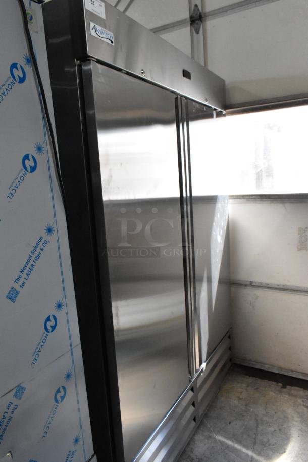 Brand new Avantco 447AP49R stainless steel commercial 2 door cooler with poly-coated racks and commercial casters.
