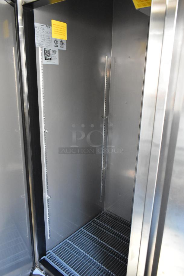 Avantco 447AP49R commercial cooler interior, stainless steel, poly-coated racks, ETL labels visible, new condition.