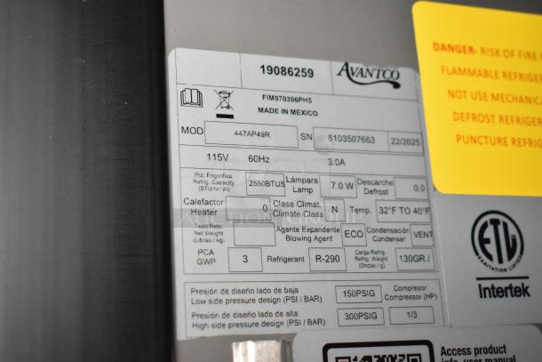 Avantco 447AP49R nameplate indicating model, voltage, and refrigeration details. Features 115V, 60Hz, R-290 refrigerant. Labels warn of fire risk.