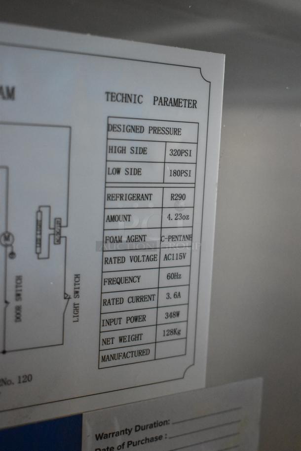 Label on Avantco 178SS1RGHC cooler showing technical parameters: pressure, refrigerant type, voltage, and power details.