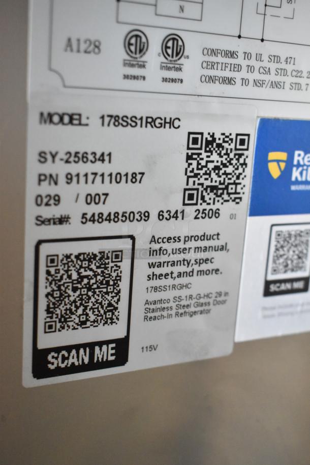 Label of Avantco 178SS1RGHC cooler showing model, serial number, and QR codes for product info. 115V, 1-phase.
