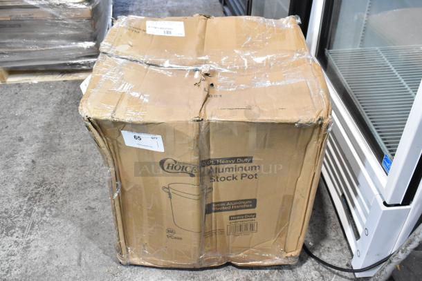 BRAND NEW Choice 471SP140QTHD 140 Qt. Heavy Weight Aluminum Stock Pot in damaged box, model and condition visible.