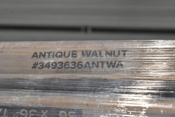 34 new Lancaster Table & Seating 36" x 36" live edge table tops in rustic walnut, labeled #3493636ANTWA.