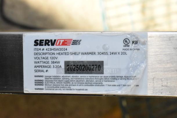 Brand new ServIt 423HSW2024 stainless steel heated shelf warmer, 24". Voltage: 120V. UL listed. Model label shown.