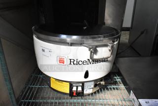 RiceMaster RM-55N-R gas rice cooker, 110 cup, 34,600 BTU, scratch and dent, brand new condition, with control panel and safety labels.