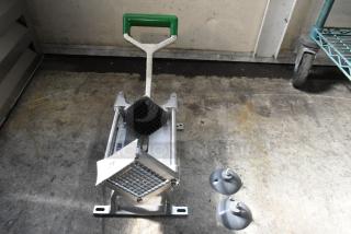 BRAND NEW SCRATCH AND DENT Garde 181FC38 3/8" Heavy-Duty French Fry Cutter with green handle and included suction feet.