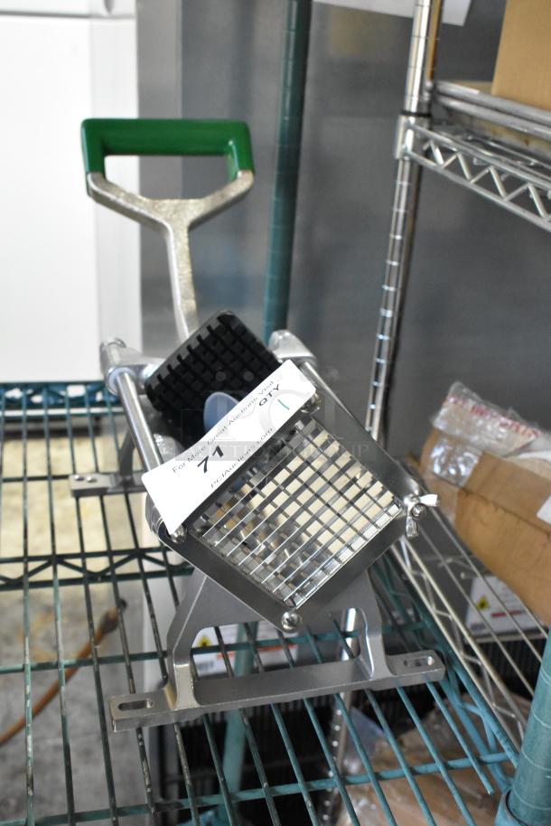 Brand new Garde 181FC38 3/8" heavy-duty French fry cutter with slight cosmetic damage, features a sturdy metal base and green handle.