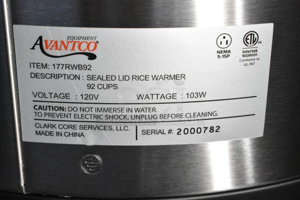 Brand new Avantco 177RWB92 92 Cup electric rice warmer, 120V, 103W. Scratch and dent condition. Serial: 2000782.