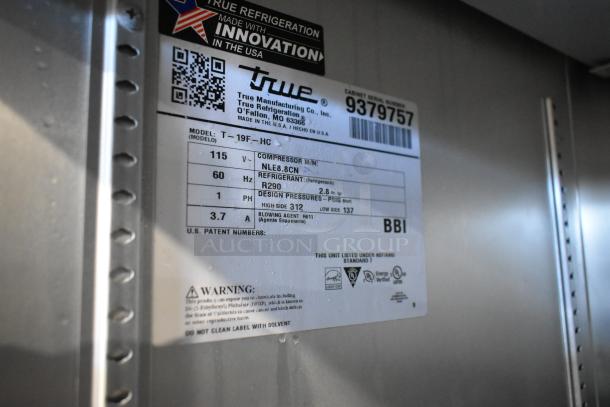 2018 True T-19F-HC stainless steel commercial freezer label; 115 volts, 1 phase, with poly-coated racks.