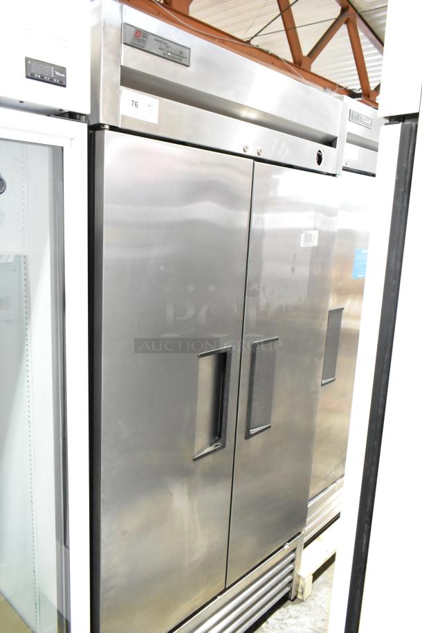 2016 True T-35 stainless steel commercial cooler, 2-door, poly-coated racks, left door locked, 115V 1-phase.