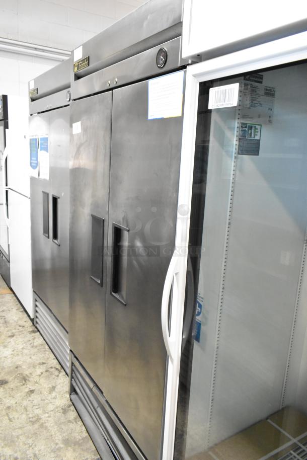 True T-35 Stainless Steel Commercial 2 Door Cooler, Poly Coated Racks, 115V, 1 Phase, good condition, visible branding.