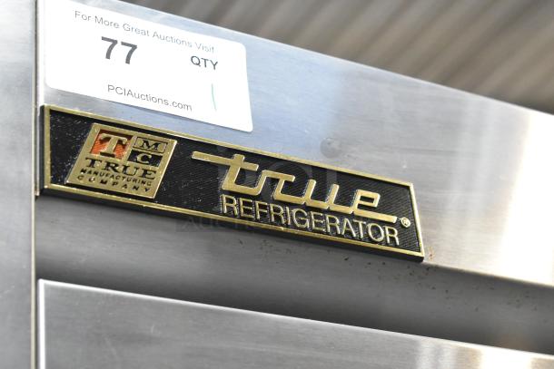 True T-35 Commercial 2-Door Cooler, stainless steel, 115V, 1 phase, features True logo and auction label indicating quantity 77.