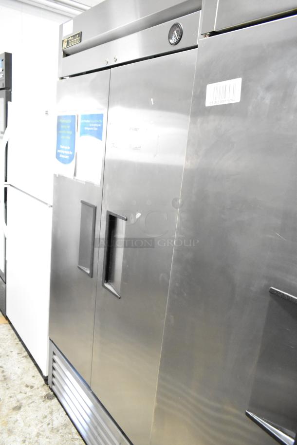 True T-35 stainless steel commercial 2-door cooler, poly-coated racks, 115V, 1 phase, visible label and temperature gauge.