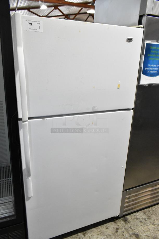 Maytag M1TXEGMYW01 metal cooler with freezer, 115 volts, 1 phase, in used condition with visible auction tag.