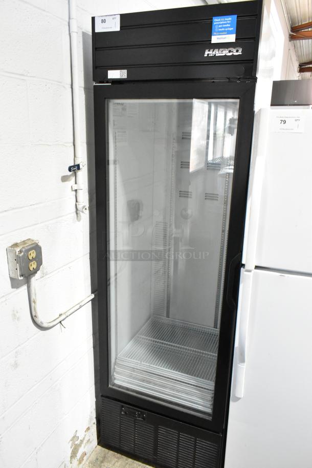 2019 Habco SE18 commercial single door cooler merchandiser, poly coated racks, 115 volts, 1 phase, excellent condition.