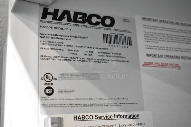 Label of 2019 Habco SE18 Cooler Merchandiser detailing model, 115 volts, UL and NSF listed, showing specifications and ratings.
