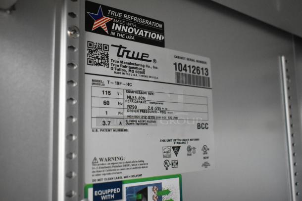 2022 True T-19F-HC stainless steel single door freezer, 115V, labels showing model, refrigerant R290, NSF certified.