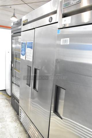 True T-35 Stainless Steel Commercial 2 Door Reach In Cooler w/ Poly Coated Racks and Commercial Casters. 115 Volts, 1 Phase. - Item #1204986