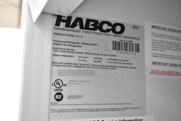 2019 Habco SE18 Metal Commercial Single Door Reach In Cooler, 115 Volts, NSF and UL listed labels visible.