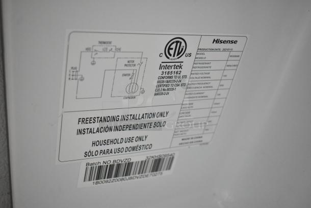 2021 Hisense RR33D6ABE Mini Cooler label; indicates freestanding installation, household use, 115V, 1 Phase.