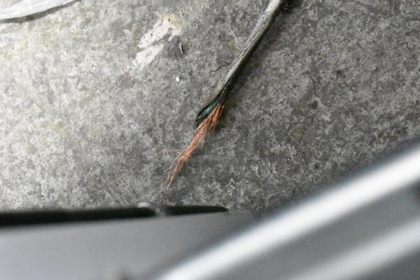 Frayed power cord of Thomson TFRF690 freezer, indicating need for repair. 115 volts, single-phase model.