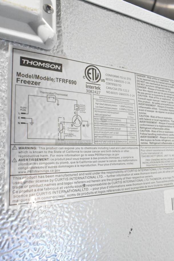 Thomson TFRF690 Single Door Freezer label. Shows model TFRF690, 115V, 1 Phase, ETL certified. Warning about lead exposure.
