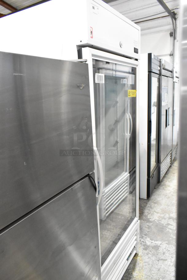 2021 True TSCI-600R-G-PH commercial reach-in cooler, single door, poly-coated racks, visible broken glass, 115V, 1 phase.