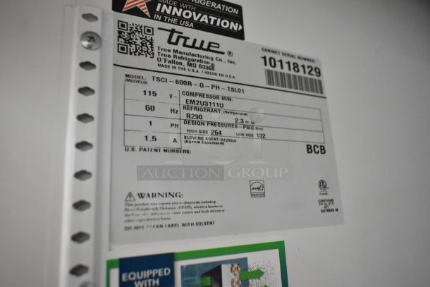2021 True TSCI-600R-G-PH cooler label, 115 volts, 1 phase, refrigerant R290. Warning and Energy Star logos visible.