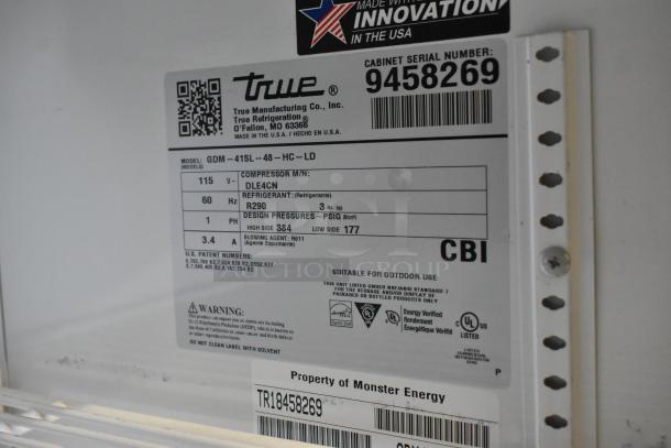 2018 True GDM-41SL-48-HC-LD 2 Door Cooler Merchandiser label, 115V, 1 Phase, refrigerant R290, poly-coated racks.