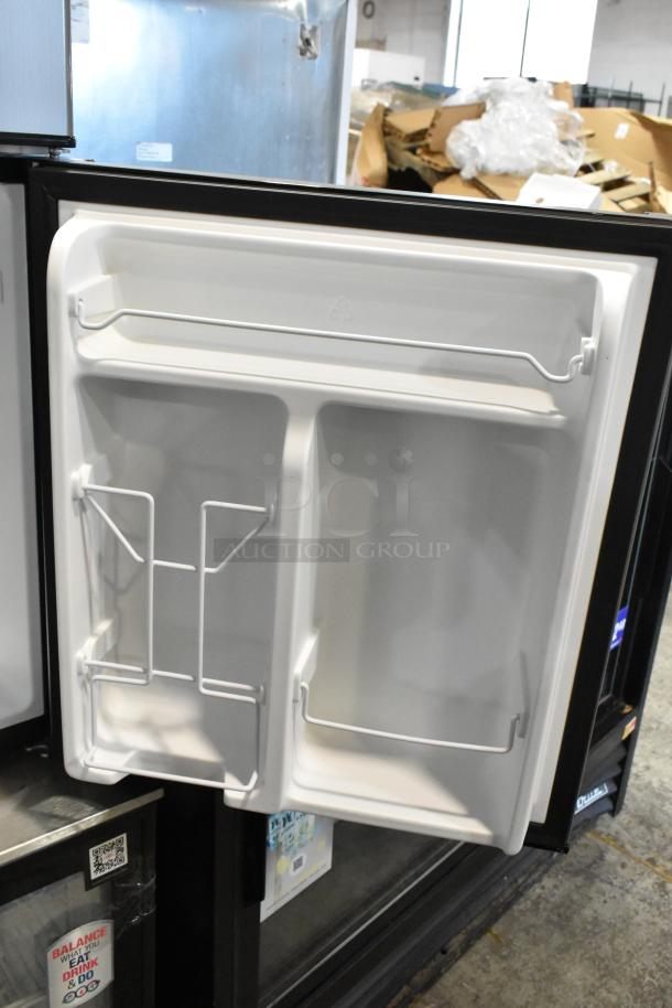 Galanz GLR31TS1E02 Mini Cooler with freezer, open door showing interior compartments. 115 Volts, 1 Phase.