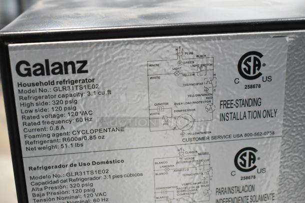 Galanz GLR31TS1E02 Mini Cooler with Freezer, 3.1 cu. ft., 115V, 1 Phase. Includes installation diagram and CSA certification label.