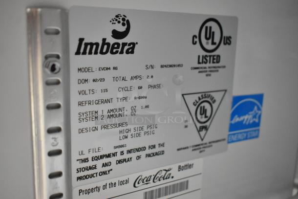 Imbera EVC04 mini cooler label showing model, volts, refrigerant type, and UL certification details.