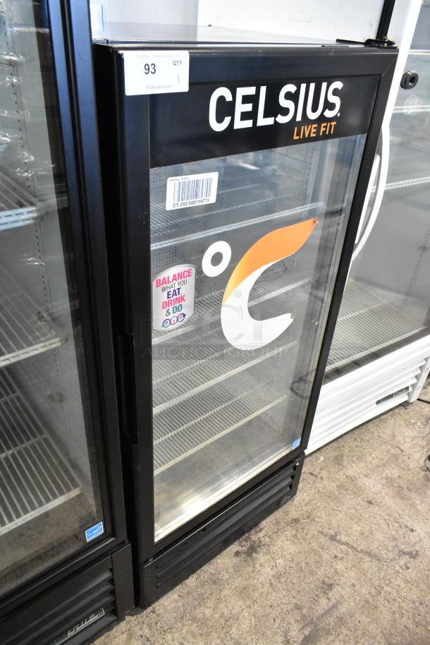 IDW G-10-N-3-3-4-B-5 reach-in cooler with single glass door, poly coated racks, 115V, branded "CELSIUS," commercial use.