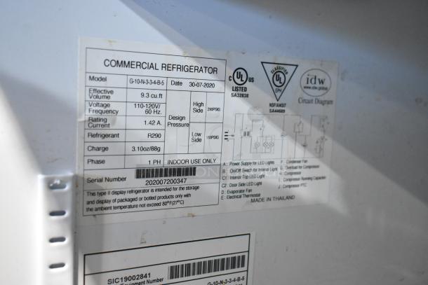 IDW G-10-N-3-3-4-B-5 metal cooler label showing model, voltage (115V, 1 Phase), refrigerant type, and specifications.
