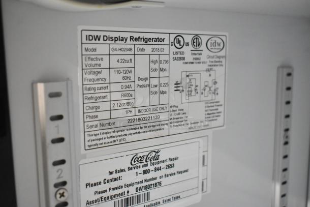 2018 IDW G4-H0234B commercial cooler label showing specifications: 4.22 cu ft, 115V, R600a refrigerant, model number, and serial number.