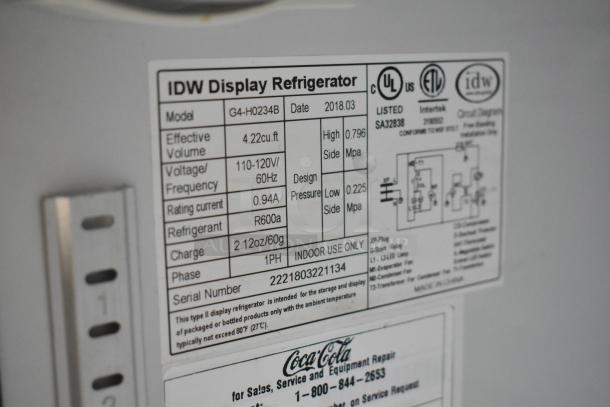 Label of 2018 IDW G4-H0234B cooler, showing model, voltage, refrigerant type, and usage details.
