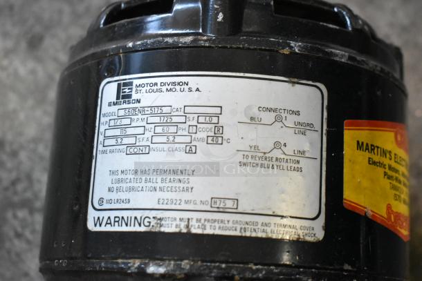 Emerson S60ENR-5175 motor, 115 volts, 1 phase, 1/3 HP, 1725 RPM. Features lubricated ball bearings. Serial number visible.