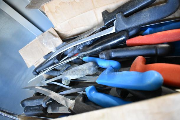 A box of 40 sharpened stainless steel knives with colored handles, including a fillet knife, in used condition.