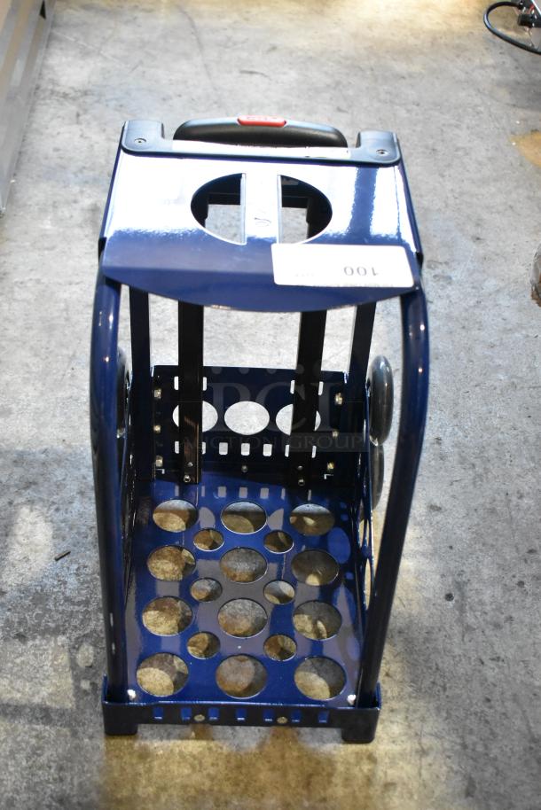 Blue metal dolly with perforated design, sturdy frame, and wheels. Includes a handle for easy transport. Label marked "100."