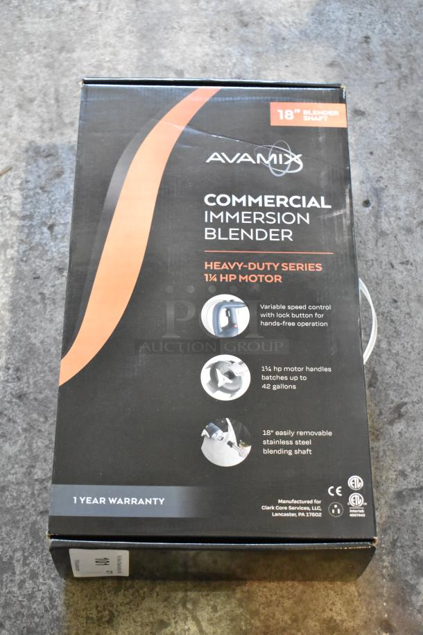BRAND NEW AvaMix 928IBHD18 18" immersion blender, 1 1/4 hp, variable speed, tested working, with scratch and dent box.