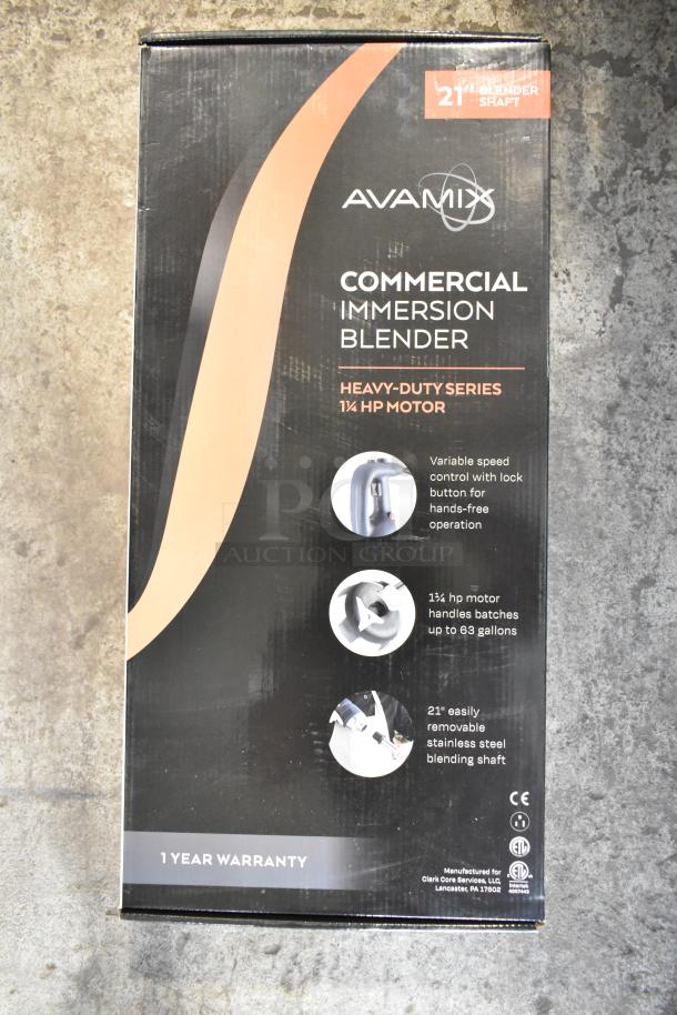 Brand new AvaMix 928IBHD21 21" heavy-duty immersion blender with 1 1/4 hp motor. Box mentions scratch and dent condition, tested and working. Features variable speed control, 115 volts, 1 phase.
