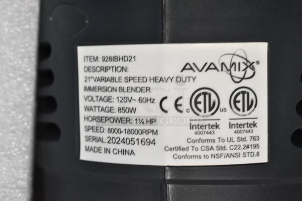 AvalonMix 21" heavy-duty immersion blender label showing specifications: 1 1/4 hp, 850W, 115V, made in China.