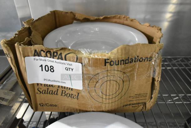 Box of Acopa Foundations 13 oz. white melamine salad bowls, brand new with scratch and dent, visible case label "12/Case."