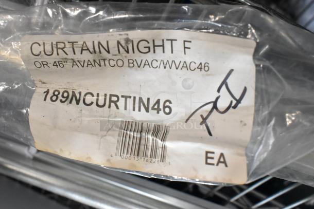 Brand new Avantco 189NCURTIN46 night curtain label for WVAC-46HC/BVAC-46HC, minor scratch and dent, packaging visible.