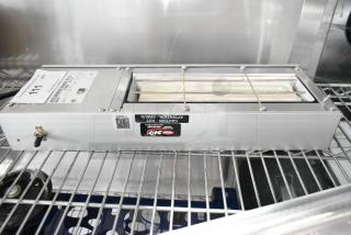 Hatco UGFF metal warming strip, 120 volts, 1 phase, shown on a metal shelf. Caution label and toggle switch visible.