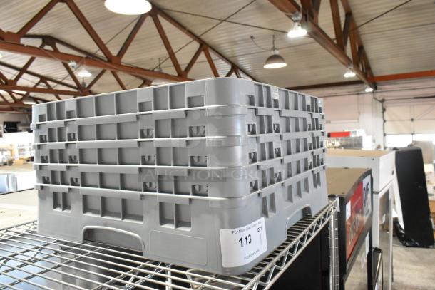 Gray poly dish rack in excellent condition, stackable design. Tag reads "113, QTY 1, PCAuctions.com."